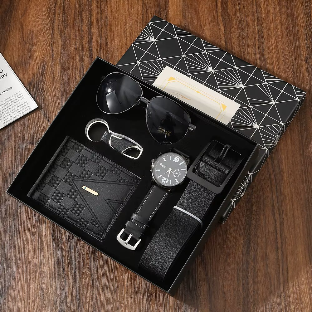 Groomsmen gift set with wallet, sunglasses, watch, and belt on a wooden surface